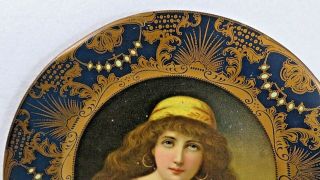 Antique Vienna Art Tin Litho Lady Portrait Plate Cobalt Blue & Gold HD Beach Co 3