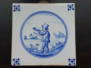 Antique Delft Dutch Blue White Tile Shepherd Blowing Horn