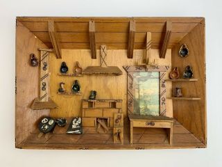 Vtg Folk Art Carved Wood 3d Diorama Shadow Box Rustic Cabin/cottage Wall Hanging