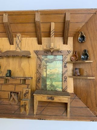 Vtg Folk Art Carved Wood 3D Diorama Shadow Box Rustic Cabin/Cottage Wall Hanging 3