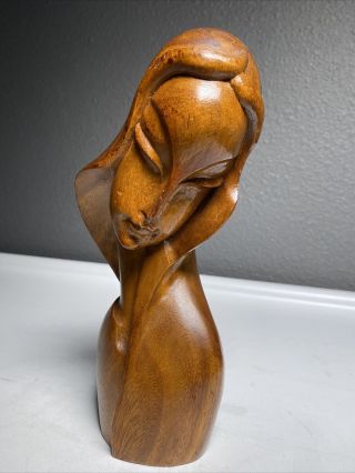 Vintage Mid Century Modern Carved Teak Wood Bust Of A Woman Sculpture 9” Tall
