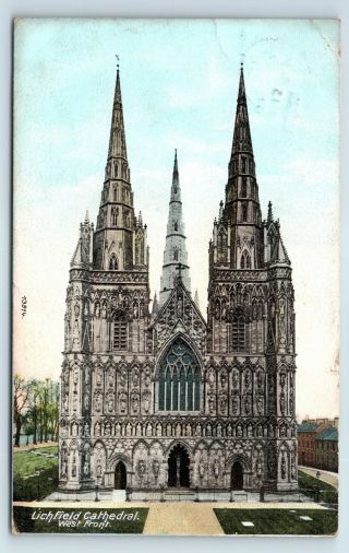 Postcard Lichfield Cathedral West Front 1907 Old View Of Towers And Window Arch