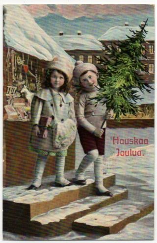 112420 Vintage Christmas Postcard Children Carry Tree And Chrismas Market 1914