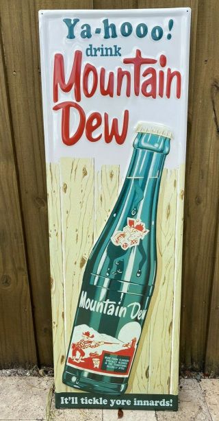Vintage Mountain Dew Embossed Metal Sign Porcelain Yahooo Soda Pop Oil Gas Drink
