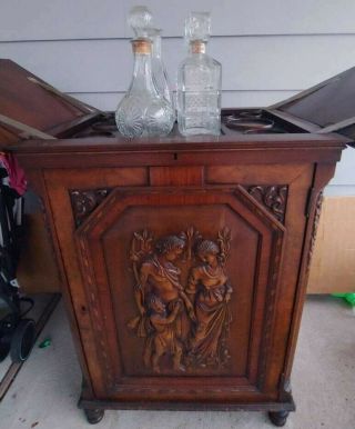 Vtg Wooden Hand Carved Mini Bar Liquor Cabinet Hidden Table