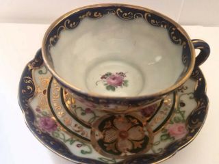Rare Antique Japan Eggshell Porcelain Cobalt Blue/ Cabbage Roses Cup & Saucer