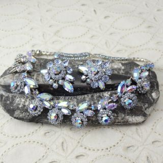 Vintage Weiss Light Blue Ab Rhinestone Flower Necklace Cluster Clip Earring Set