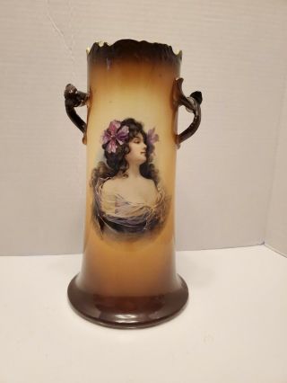 Antique Warwick Ioga Victorian Lady Portrait Vase Handles Porcelain Brown 10.  5 "