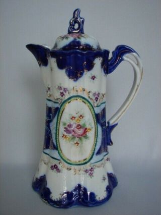 Antique Hand Painted 5 Cup Chocolate Pot Cobalt With Enamel Accents