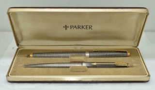 Vintage Parker 75 Cisele Fountain & Ballpoint Pen Set Sterling Silver Gold Trim