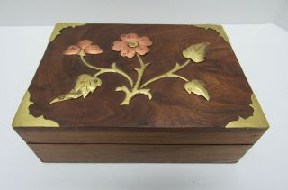 Vintage Wood Trinket Jewelry Box With Brass Inlay Flowers 7 " Long
