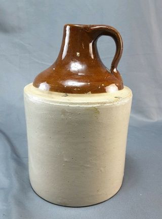 Small Vintage Stoneware Whiskey Jug Half - Gallon Cream/brown Pottery 9.  5 In.  Tall