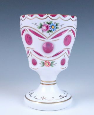 Antique White Cut To Cranberry Enamel & Gold Glass Vase Overlay Cased Vintage