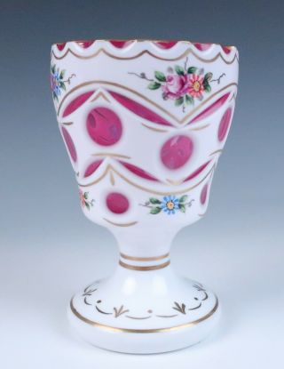 Antique White Cut To Cranberry Enamel & Gold Glass Vase Overlay Cased Vintage 3