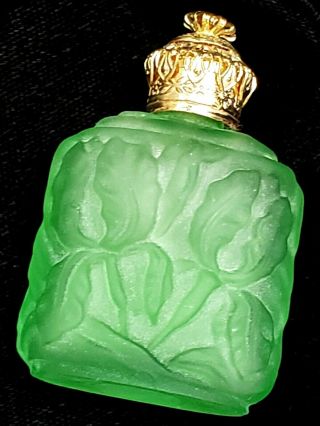 Vintage Czech Republic Decorative Iris On Green Glass Perfume Bottle