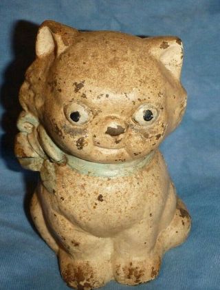 Antique Hubley Cast Iron Kitty Cat Bank White Paint Blue Bow Old