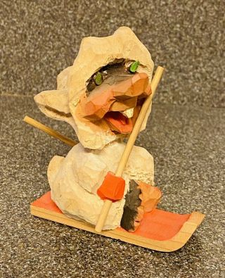 Vintage 4” Henning Norway Carved Wood Troll Elf Gnome Mouse Ski Skiing Winter