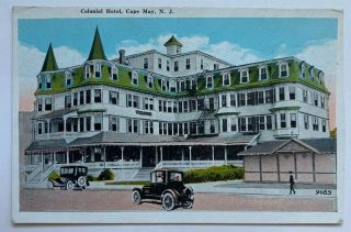 Nj Postcard Cape May Jersey Colonial Hotel Building Porch Vintage Autos