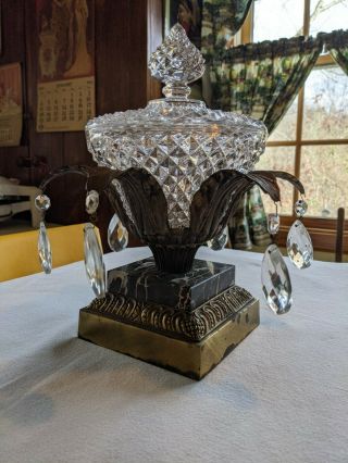 (hd20) Vintage Marble Base Brass Heavy Cut Crystal Pedestal Dish W/lid