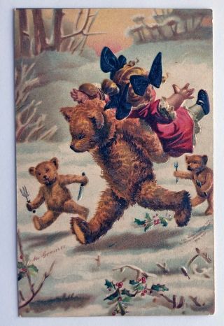 Vintage Teddy Bear With Girl On Back Christmas Postcard Signed M.  Greiner;i386