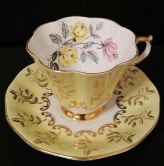 Rare Vintage Queen Anne English Bone China Gold Gilt Yellow Tea Cup & Saucer 164