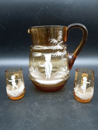 Antique Bohemian Mary Gregory Amber Pitcher With 2 Glasses