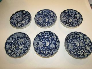 Set 6 Antique Chinese Blue & White 6 " Bowls - Birds & Flowers