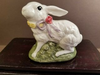 Porcelain Vintage White Bunny Rabbit Figurine Ribbon And Rose Easter
