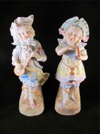 Pair Antique Vintage German Bisque Figurine Child Band Mandolin Tambourine 12 In