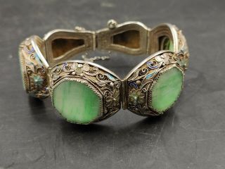 Vintage Chinese Export Cloisonne Carved Jade Jadite Gilt Silver Bracelet