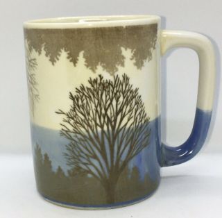Vintage Otagiri Hand Crafted Porcelain Mug Blue Cream Trees Nature