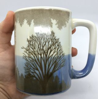Vintage Otagiri Hand Crafted Porcelain Mug Blue Cream Trees Nature 2