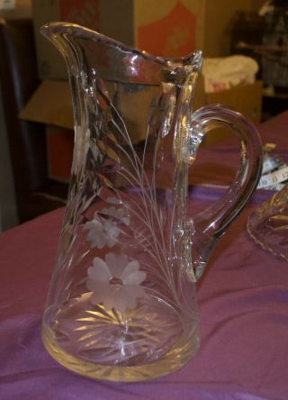 Antique American Brilliant Heavy Cut Crystal Glass Water Beverage Pitcher
