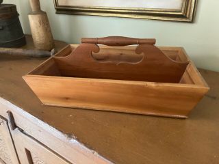 Vintage Farmhouse Maple Wooden Knife Box Cutlery Carrier Utensil Turned Handle