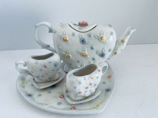 Unique Heart Shaped Mini Porcelain Tea Set 6 Pc Raised Flora Design