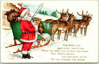 Vintage Whitney Christmas Postcard Santa Claus W/ Reindeer & Sleigh 1916 Cancel