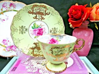 Royal Halsey Tea Cup And Saucer Pink Rose Lime Green Teacup Raised Gold Gilt