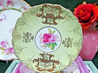 Royal Halsey tea cup and saucer pink rose lime green teacup raised gold gilt 2