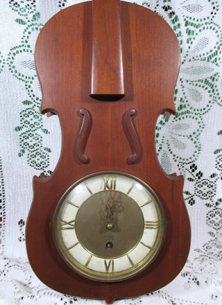 Old Antique Violin Clock Solid Fruitwood Cherry C1950s Made By Woodcroftery Usa