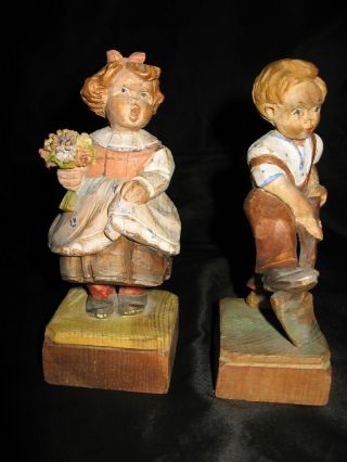 Vintage Hand Carved Wood Folk Art Boy And Girl Figures 5 1/2 " Wooden