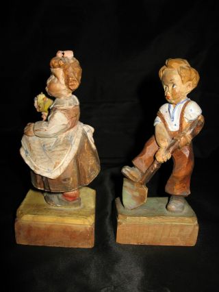 Vintage Hand carved wood folk art boy and girl figures 5 1/2 