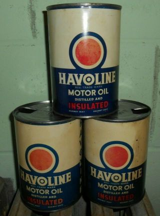 3 Vintage Havoline Rare Refining Company 1 Qt Metal Motor Oil Can Gas & Oil