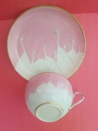 Rare Vintage Handpainted Pink / White Crane Birds/gold Beaded Teacup & Saucer
