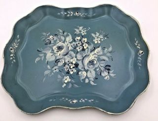 Vintage Nashco Metal Tray Hand Painted Blue With White Flowers Unique Toleware