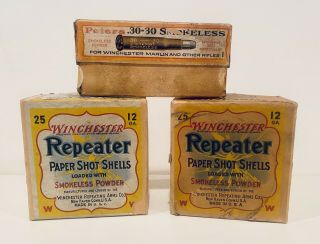 2 Winchester Repeater 12 Ga.  Shotgun Shell & Peters Smokeless Empty Boxes Only