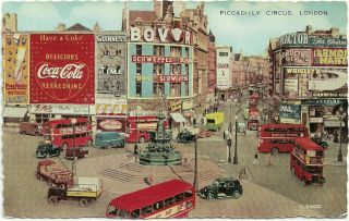 Old Postcard Picadilly Circus London Classic Cars Double Decker Bus Coca Cola