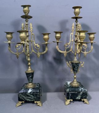 (2) Antique 19thc Old French Victorian Era Marble & Brass Candelabra Candlestick
