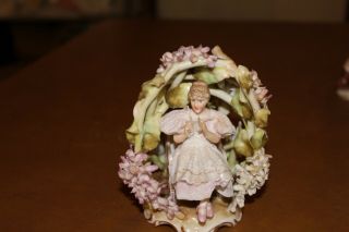 Vtg Dresden Lace Victorian Figurine Sitting In Floral Canopy 4 3/4 "