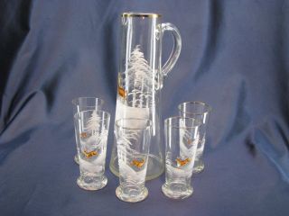 Antique Mary Gregory Pitcher Set 5 Tumblers Hand Painted Glass Deer Snow Trees