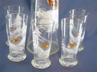 Antique Mary Gregory Pitcher Set 5 Tumblers Hand Painted Glass Deer Snow Trees 3